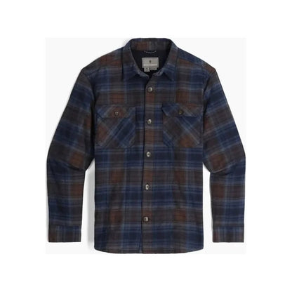 A front view of the Royal Robbins Men's Snowcap Lined Flannel in Navy Tioga Plaid showing the button front and chest pockets against a white background.