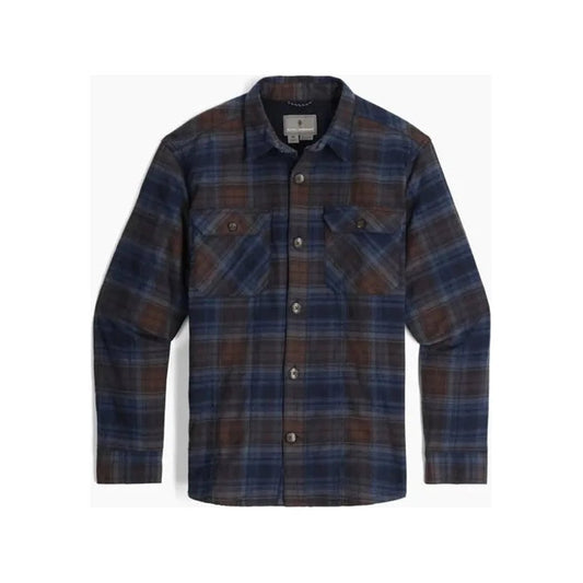 A front view of the Royal Robbins Men's Snowcap Lined Flannel in Navy Tioga Plaid showing the button front and chest pockets against a white background.