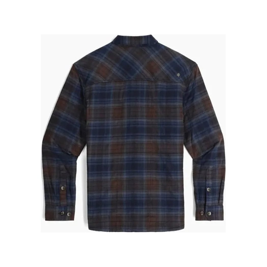 Back view of the Royal Robbins Men's Snowcap Lined Flannel in Navy Tioga Pld showing the plaid pattern and buttoned cuffs against a white background.