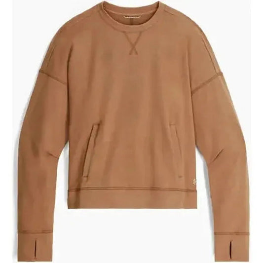 A front view of the Royal Robbins Women's Avonelle Sweatshirt in Tawny with two front pockets and a white background.