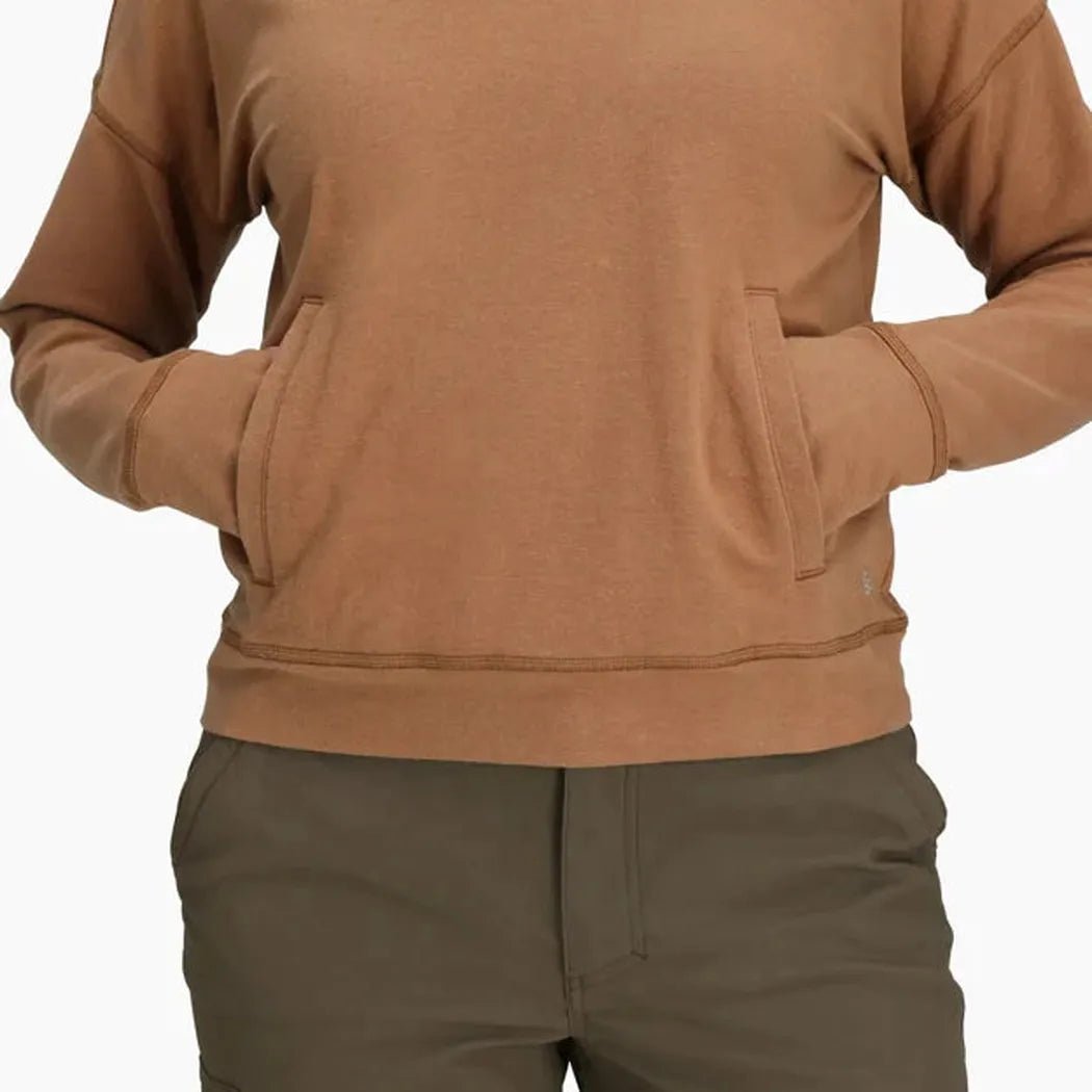 A front view of the Royal Robbins Women's Avonelle Sweatshirt in Tawny with pockets and a white background.