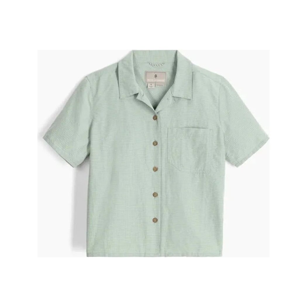 A front view of the Royal Robbins Women's Desert Pucker Short Sleeve in Sage Leaf with a single chest pocket and buttons, against a white background.