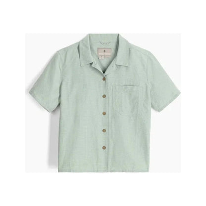 A front view of the Royal Robbins Women's Desert Pucker Short Sleeve in Sage Leaf with a single chest pocket and buttons, against a white background.
