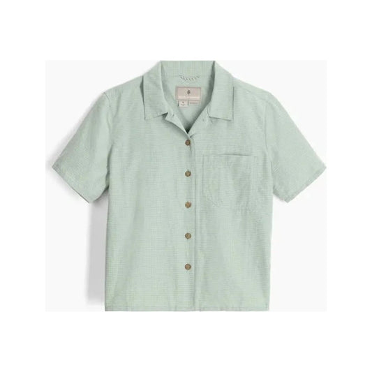 A front view of the Royal Robbins Women's Desert Pucker Short Sleeve in Sage Leaf with a single chest pocket and buttons, against a white background.
