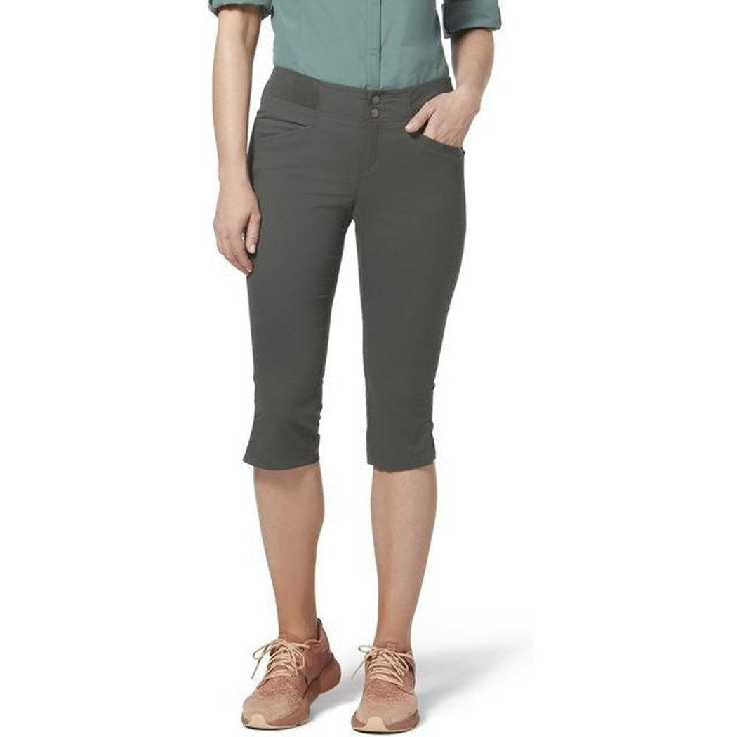 A front view of the Royal Robbins Women's Jammer II Capri in Asphalt, showing the model wearing them with a white background.