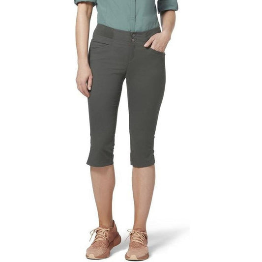 A front view of the Royal Robbins Women's Jammer II Capri in Asphalt, showing the model wearing them with a white background.