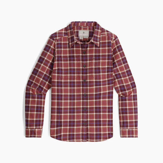 A front view of the Royal Robbins Women's Lieback Organic Cotton Flannel in Wild Rhubarb Bodega Bay Plaid against a white background.