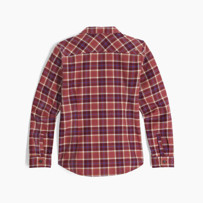 Back view of the Royal Robbins Women's Lieback Organic Cotton Flannel in Wild Rhubarb Bodega Bay Plaid against a white background.