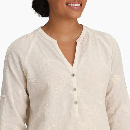 A front view of the Royal Robbins Women's Oasis II 3/4 Sleeve in Navy showing the button front and three-quarter sleeves on a model against a white background.