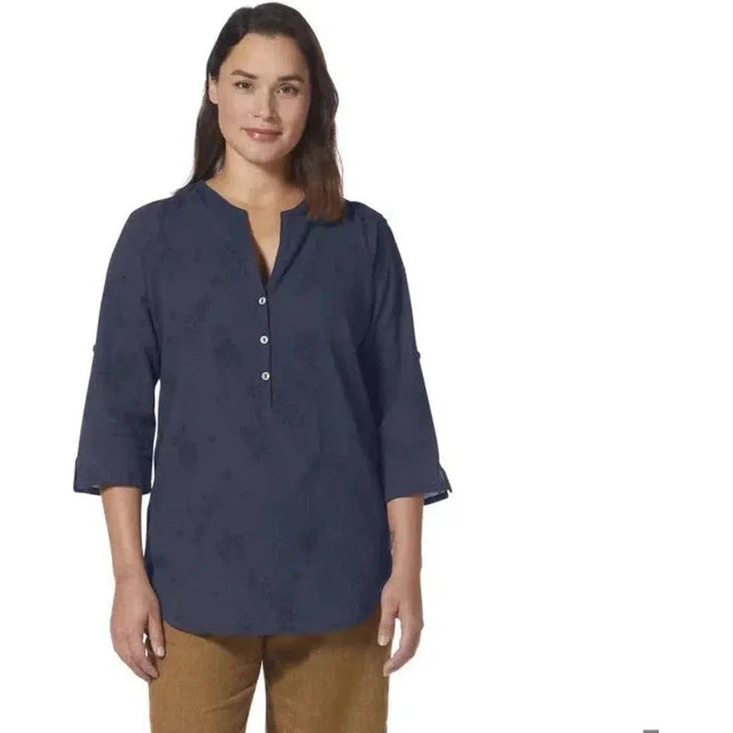 A front view of the Royal Robbins Women's Oasis II 3/4 Sleeve in Navy on a model wearing brown pants against a white background.