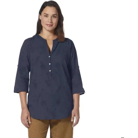 A front view of the Royal Robbins Women's Oasis II 3/4 Sleeve in Navy on a model wearing brown pants against a white background.