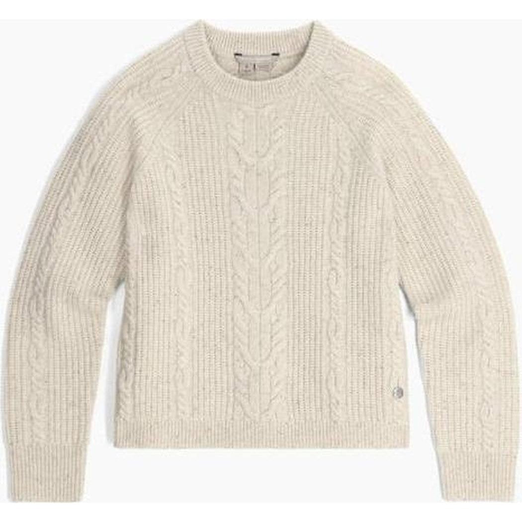 A front view of the Royal Robbins Women's Rockcraft Cable Crew in Soapstone Htr showing the cable knit pattern and a small logo on the sleeve against a white background.