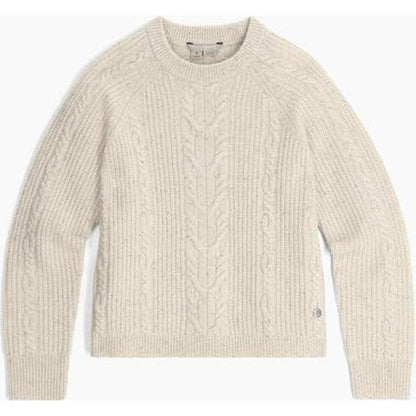 A front view of the Royal Robbins Women's Rockcraft Cable Crew in Soapstone Htr showing the cable knit pattern and a small logo on the sleeve against a white background.