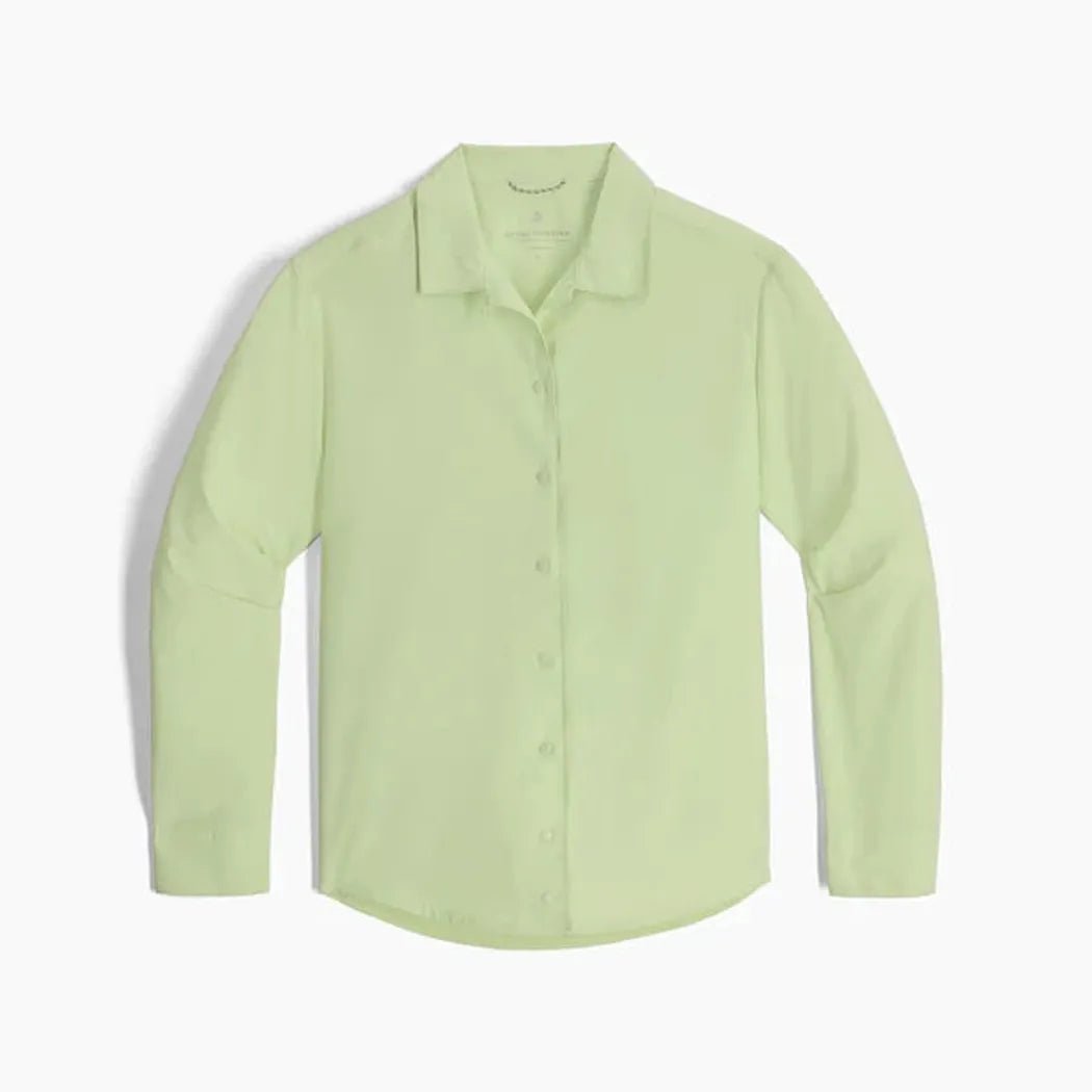 A front view of the Royal Robbins Women's Salathe Sun Shirt Long Sleeve in Lime Cream against a white background.