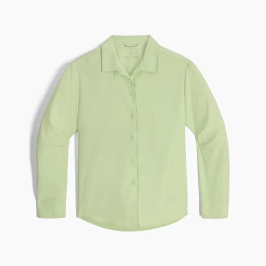 A front view of the Royal Robbins Women's Salathe Sun Shirt Long Sleeve in Lime Cream against a white background.