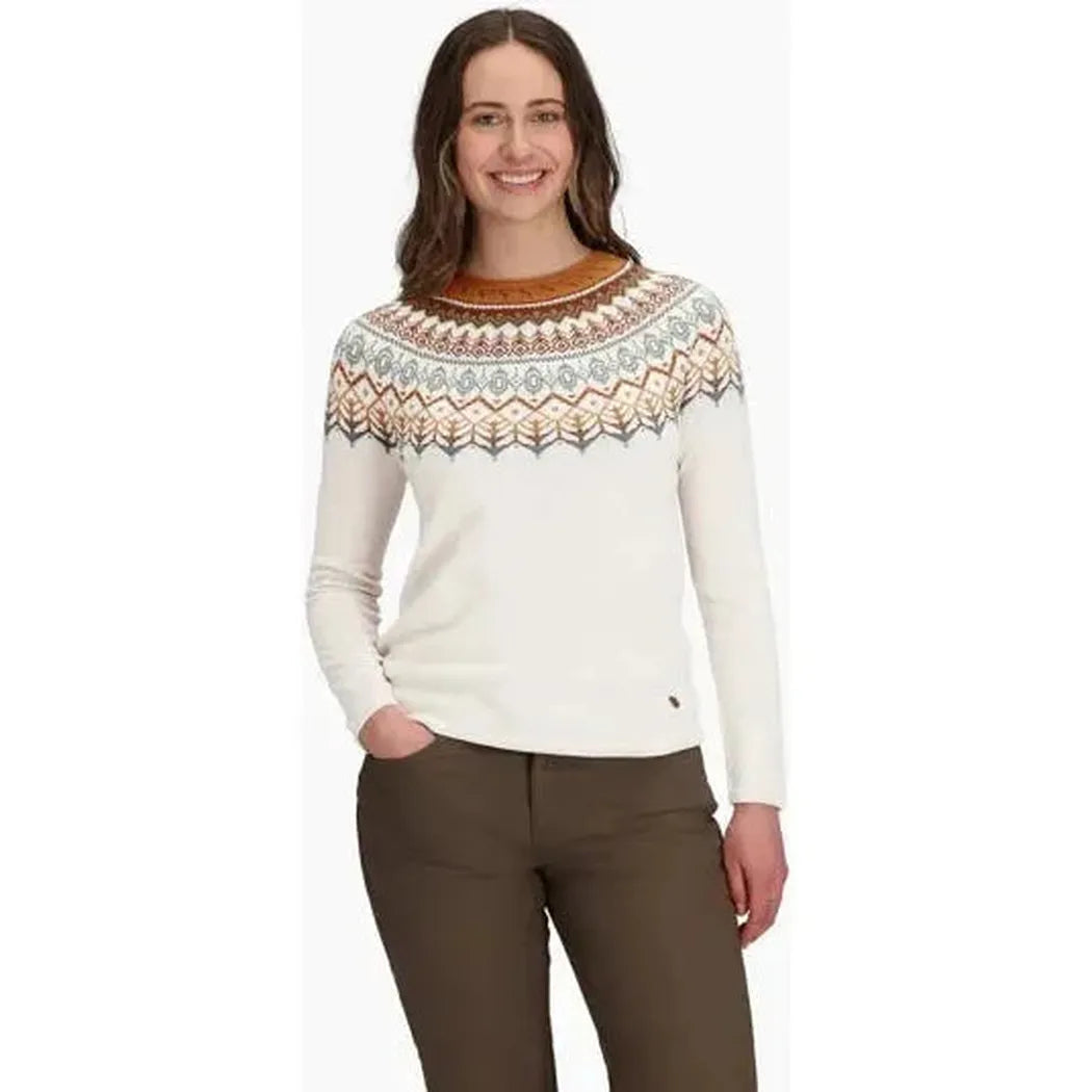 A front view of the Royal Robbins Women's Westlands Fairisle Crew in Chalk Htr Monarch Pt, showing the model wearing it against a plain white background.