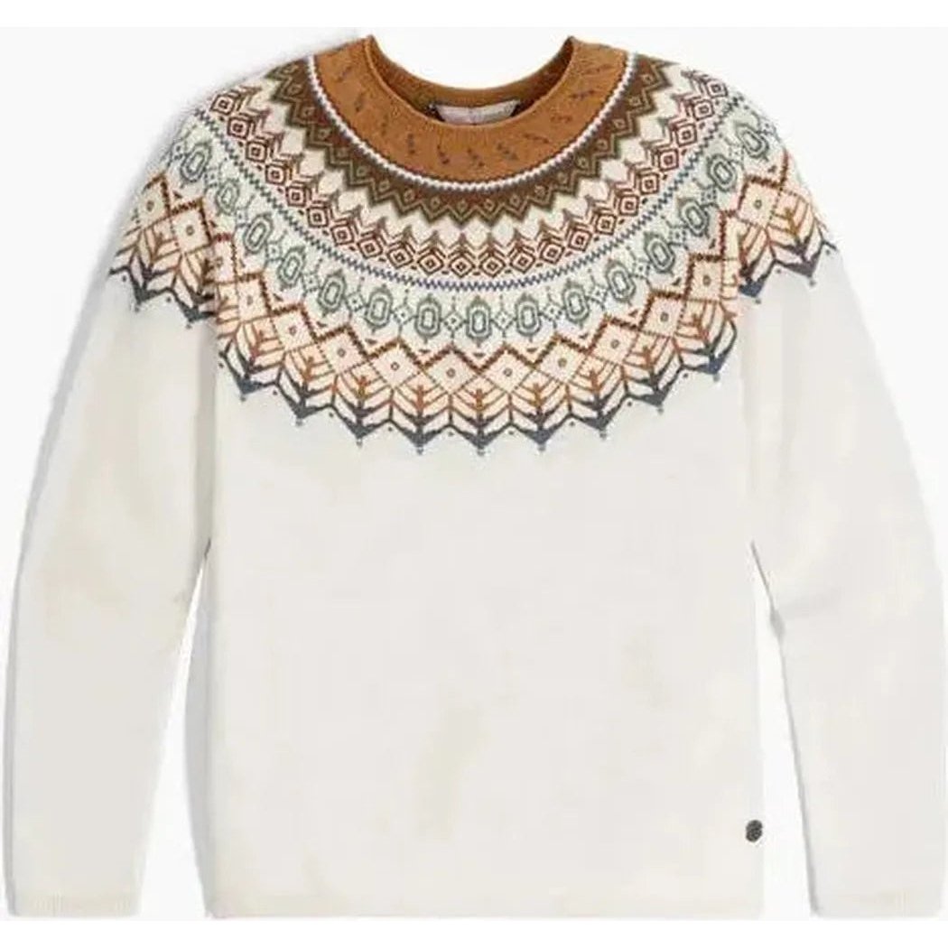 A front view of the Royal Robbins Women's Westlands Fairisle Crew in Chalk Htr Monarch Pt showing the patterned yoke and a small brand tag on the lower right sleeve against a white background.