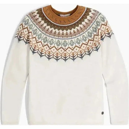 A front view of the Royal Robbins Women's Westlands Fairisle Crew in Chalk Htr Monarch Pt showing the patterned yoke and a small brand tag on the lower right sleeve against a white background.