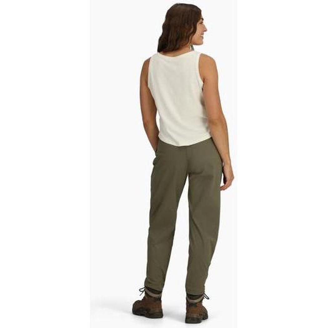 Back view of the Royal Robbins Women's Wilder' Pant in EverGlade, showing the model wearing them against a plain white background.