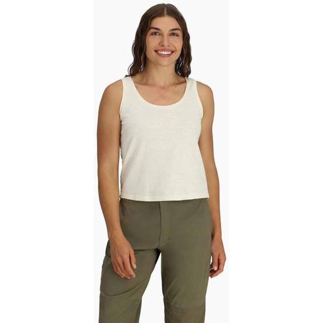 A woman wearing the Royal Robbins Women's Wilder' Pant in EverGlade stands against a plain white background.