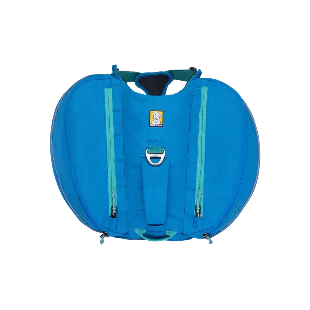 A blue Ruffwear Approach Pack with light blue zippers and a metal buckle, photographed from the front against a white background.