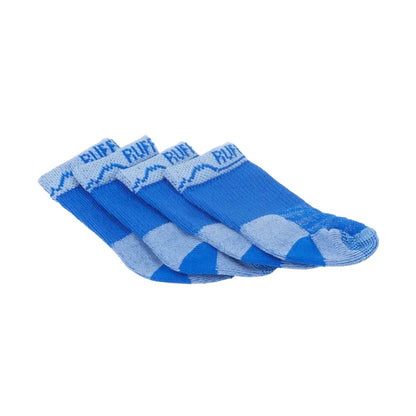 Four blue Ruffwear Bark'n Boot Socks with light blue accents and "RUFF" text on the cuffs are displayed against a white background.