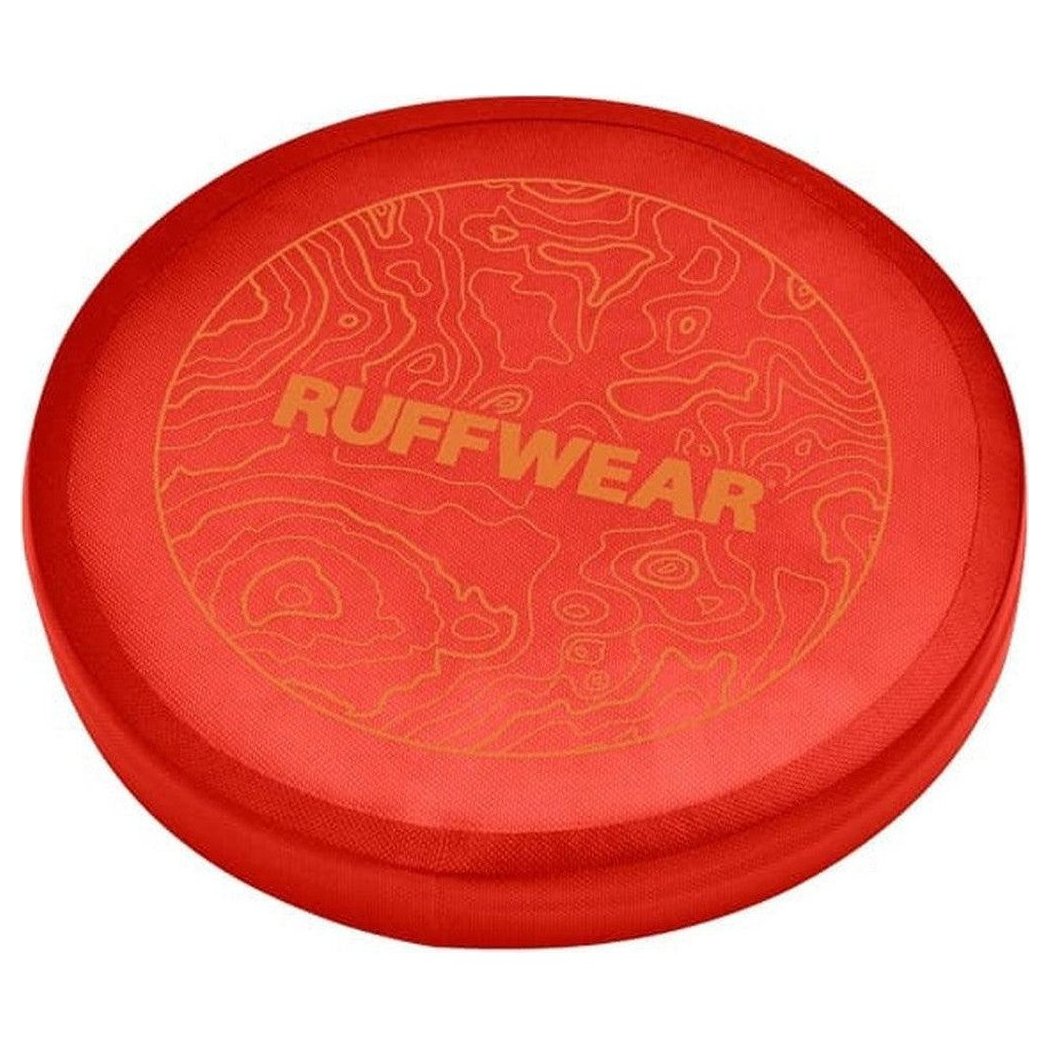 A top-down view of the Ruffwear Camp Flyer Toy in Mandarin Orange showing the top design and logo against a white background.