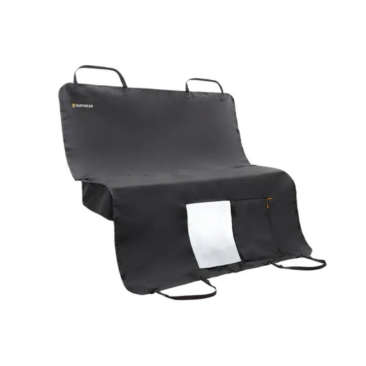 A front view of the Ruffwear Dirtbag Seat Cover in Basalt Gray showing the mesh window and zippered pocket against a white background.