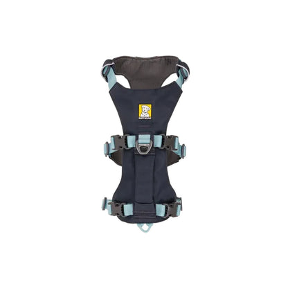 Front view of the Ruffwear Flagline Dog Harness With Handle in Blue Dusk showing the handle and buckles against a white background.