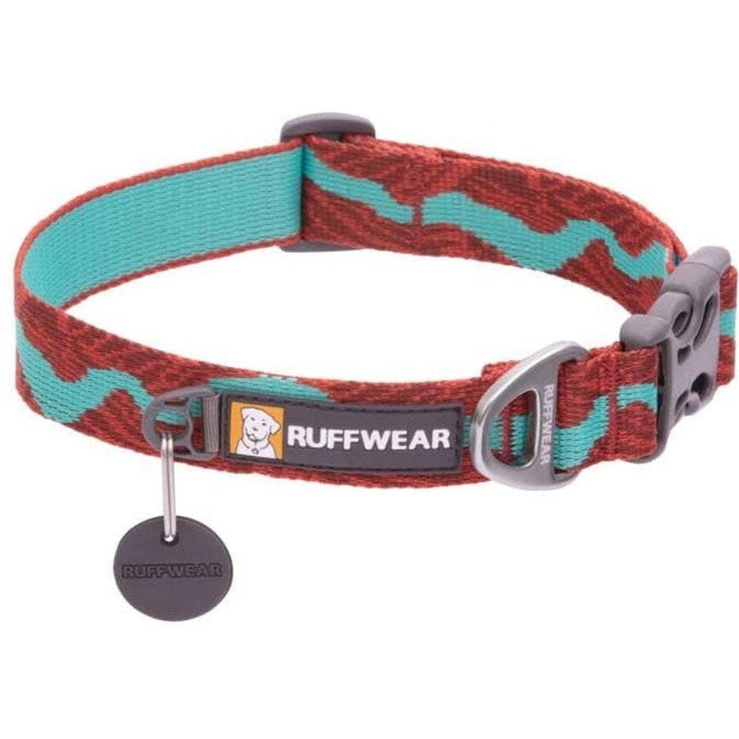 A side view of the Ruffwear Flat Out Collar in Colorado River with a black tag and metal buckle against a white background.