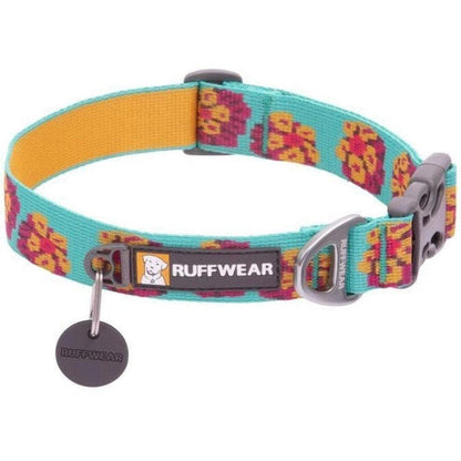 Side view of the Ruffwear Flat Out Collar in Colorado River showing the buckle and tag against a white background.