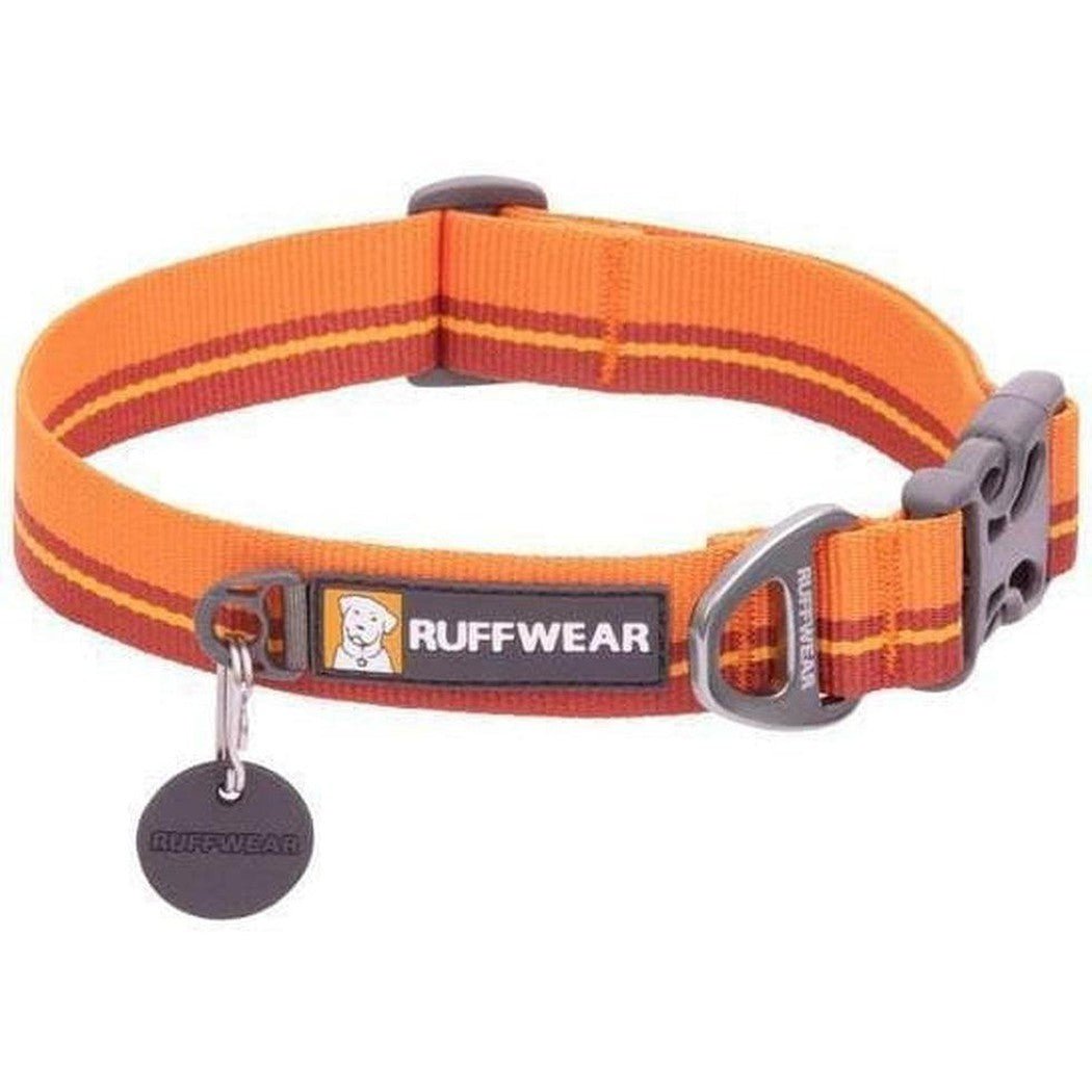 A front view of the Ruffwear Flat Out Collar in Colorado River color showing the buckle and tag against a white background.