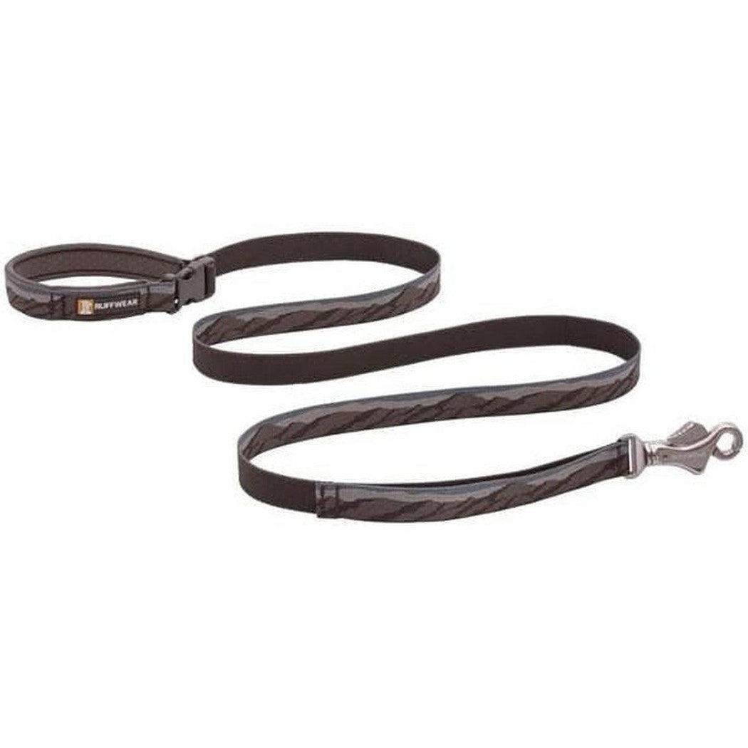 A front view of the Ruffwear Flat Out Leash in Colorado River color showing the braided design and metal clip against a white background.