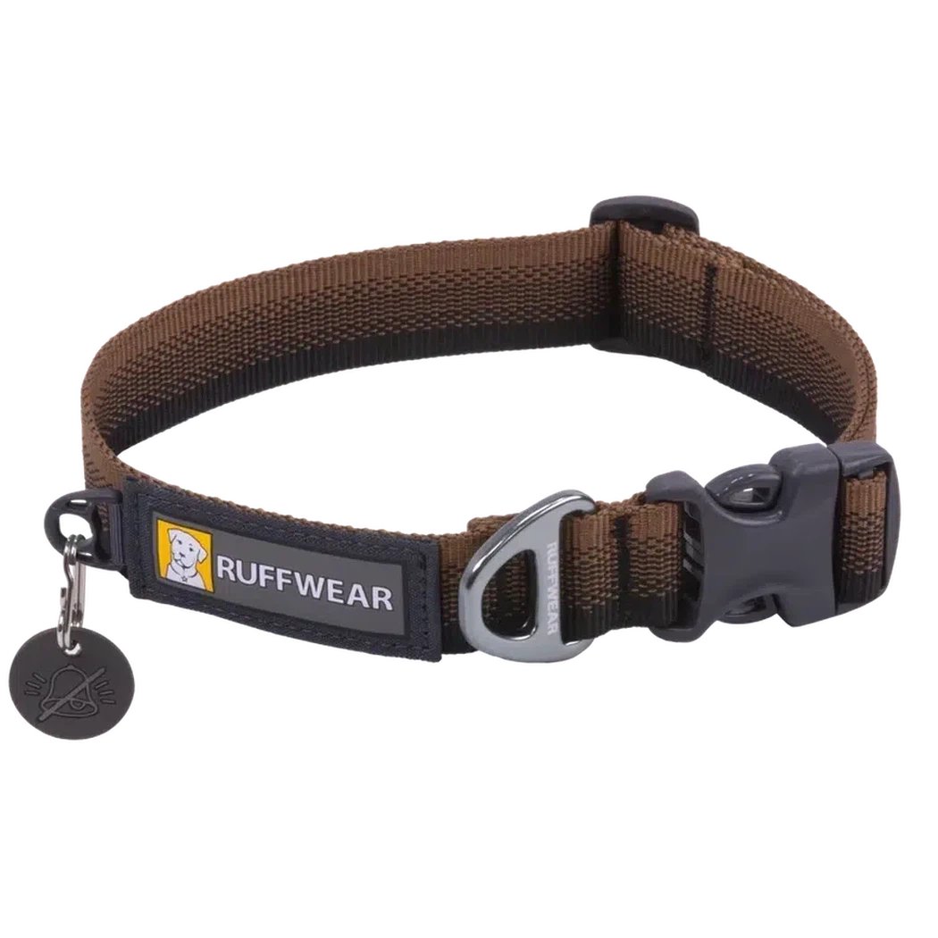 A side view of the Ruffwear Front Range Collar in Moonlight Fade showing the buckle and tag against a white background.