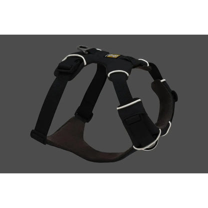 Side view of the Ruffwear Front Range Harness in Coastal Mountains showing the padded chest and silver accents against a dark gray background.