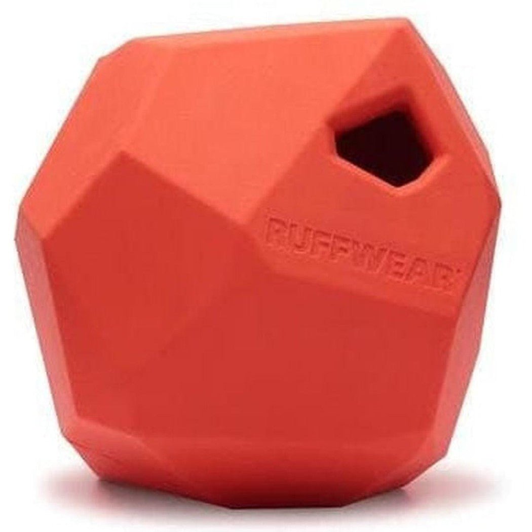 A front view of the Ruffwear Gnawt-a-rock in Dandelion Yellow showing the hexagonal shape and a small hole on the top.