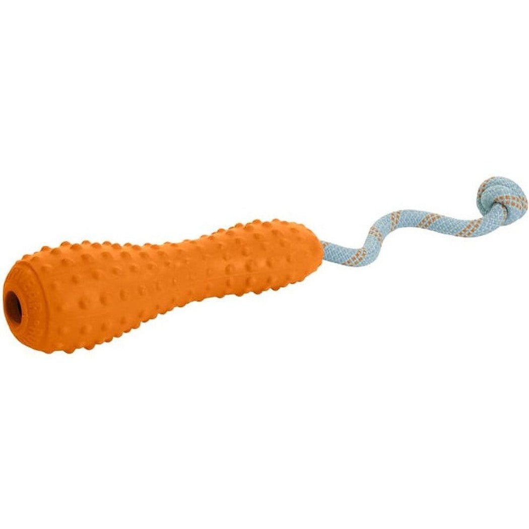 A side view of the Ruffwear Gourdo Toy in Campfire Orange showing the textured handle and attached rope against a white background.
