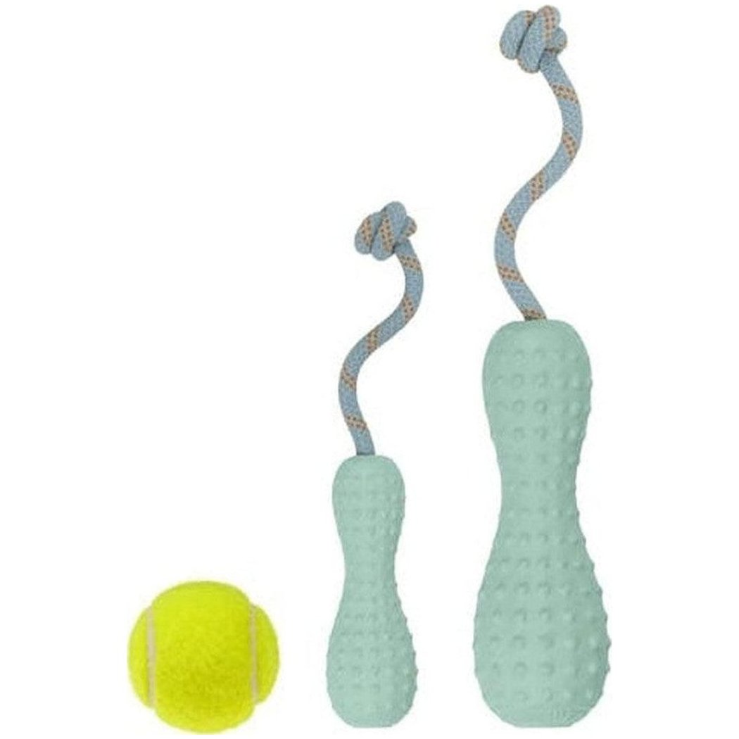 Two Ruffwear Gourdo Toys in Campfire Orange and a tennis ball on a white background.