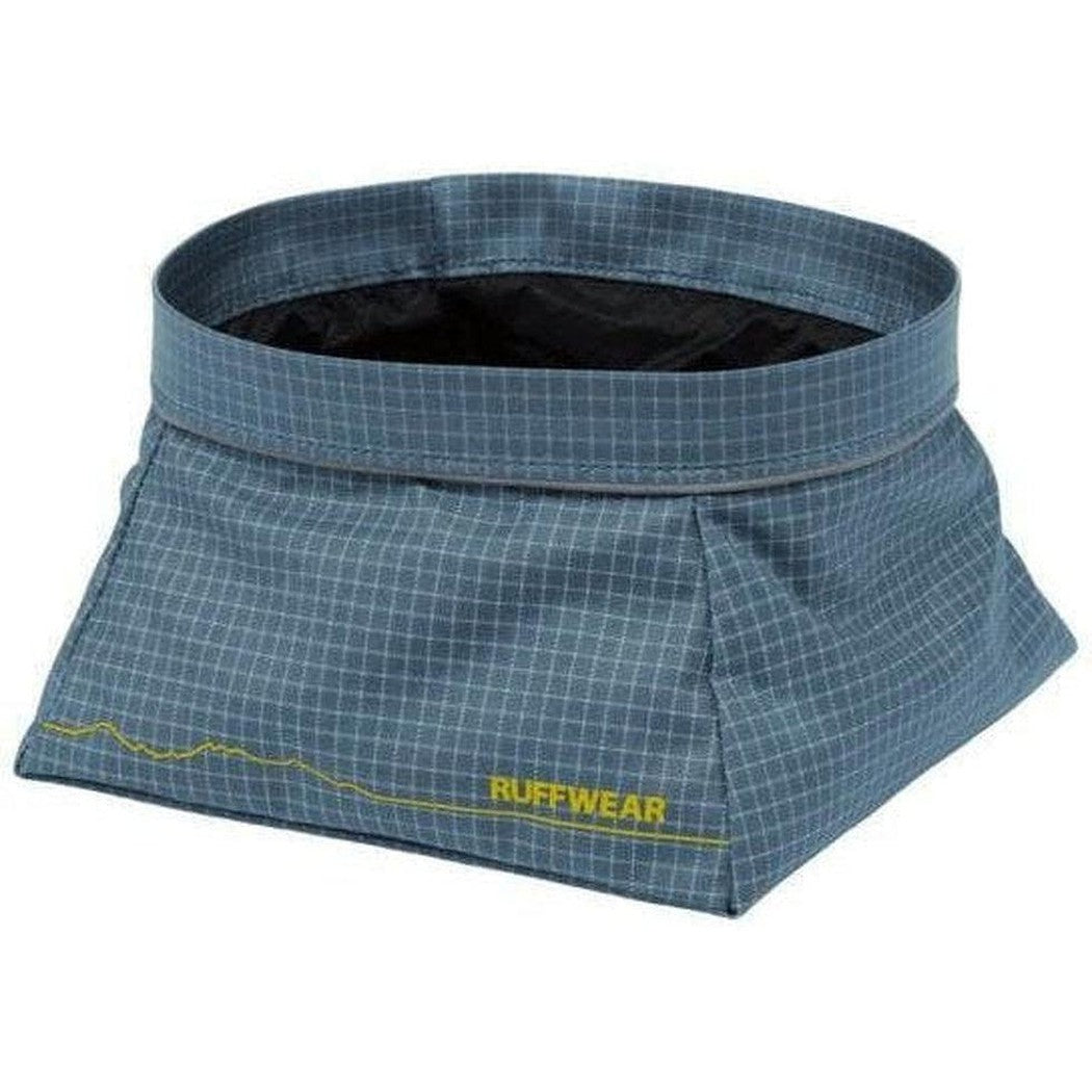A top-down view of the Ruffwear Great Basin Bowl in Slate Blue with a grid pattern and yellow stitching.