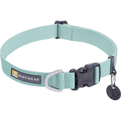 Side view of the Ruffwear Hi & Light Collar in Blue Dusk showing the buckle and tag against a white background.