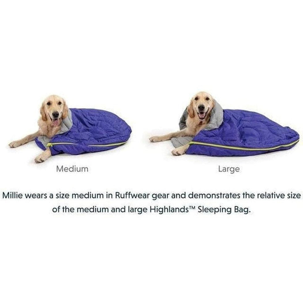 A golden retriever model wears a Huckleberry Blue Ruffwear Highlands Dog Sleeping Bag in medium and large sizes against a white background.
