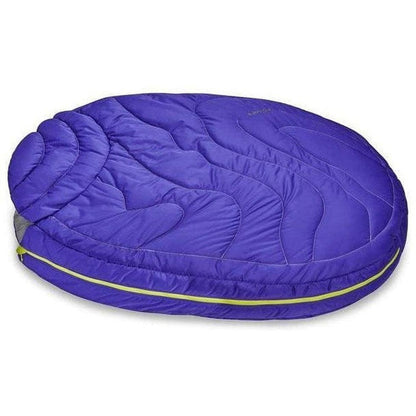 A top-down view of the Ruffwear Highlands Dog Sleeping Bag in Huckleberry Blue with a yellow zipper trim.