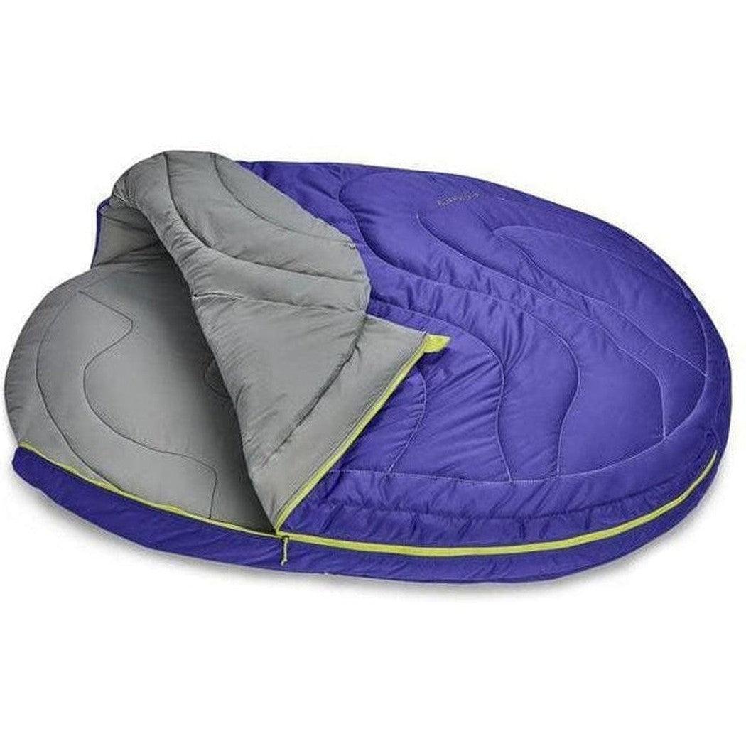 A side view of the Ruffwear Highlands Dog Sleeping Bag in Huckleberry Blue showing the zipper and quilted design against a white background.