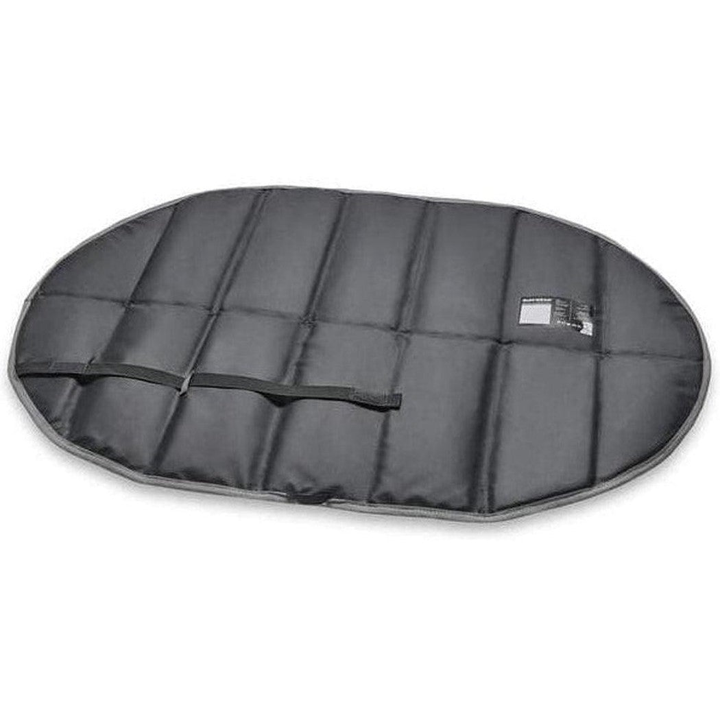 A top-down view of the Ruffwear Highlands Pad in Cloudburst Gray with a strap and tag visible against a white background.