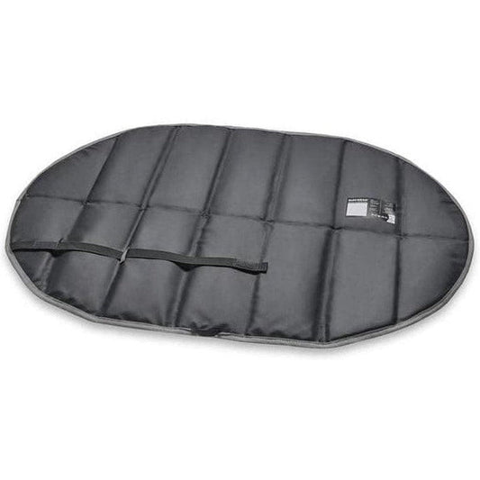A top-down view of the Ruffwear Highlands Pad in Cloudburst Gray with a strap and tag visible against a white background.