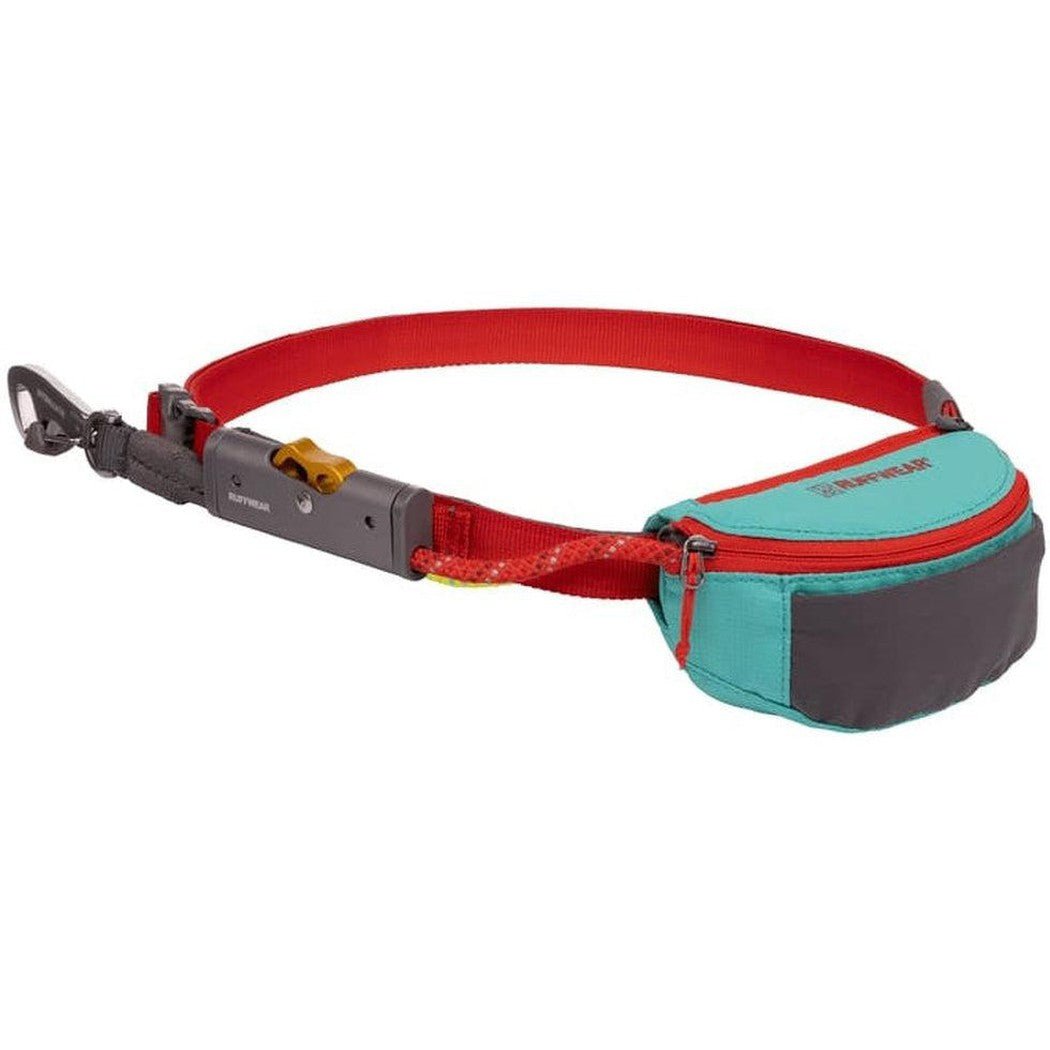 A side view of the Ruffwear Hitch Hiker Leash in Aurora Teal showing the red strap and carabiner against a white background.