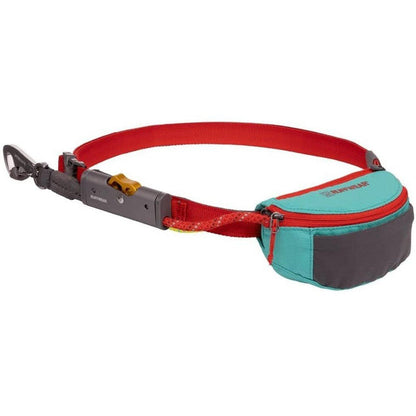 A side view of the Ruffwear Hitch Hiker Leash in Aurora Teal showing the red strap and carabiner against a white background.