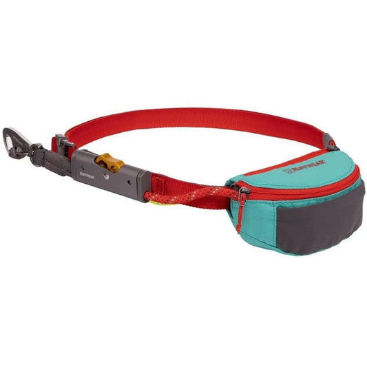 A side view of the Ruffwear Hitch Hiker Leash in Aurora Teal showing the red strap and carabiner against a white background.