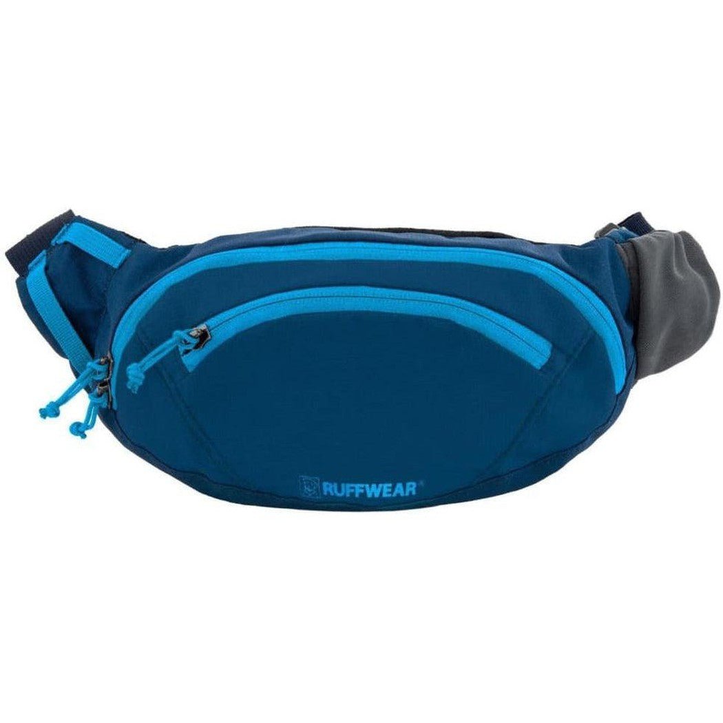 A front view of the Ruffwear Home Tail Hip Pack in Aurora Teal with blue accents and a gray strap against a white background.
