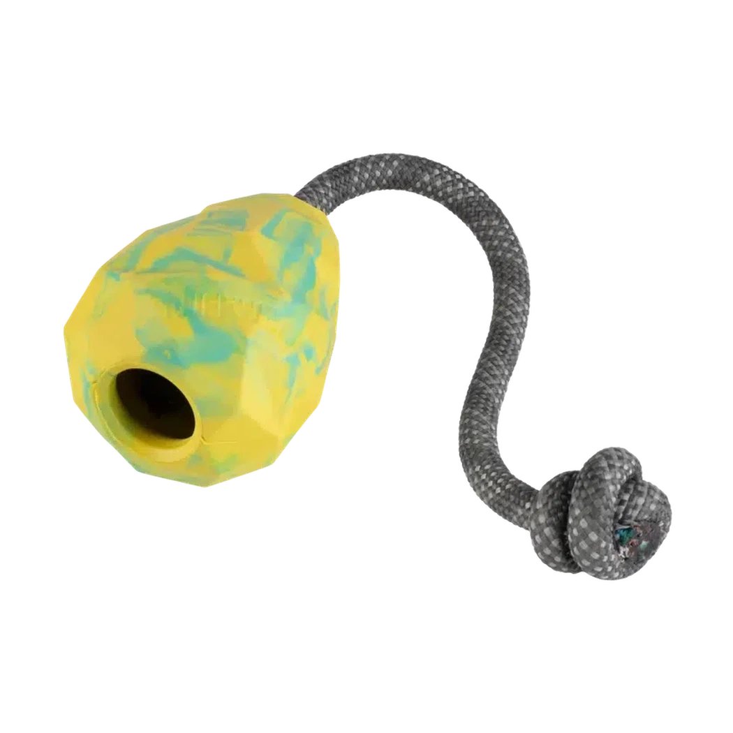 A side view of the Ruffwear Huck-a-cone Toy in Blue Pool showing the rope attachment and knot against a white background.